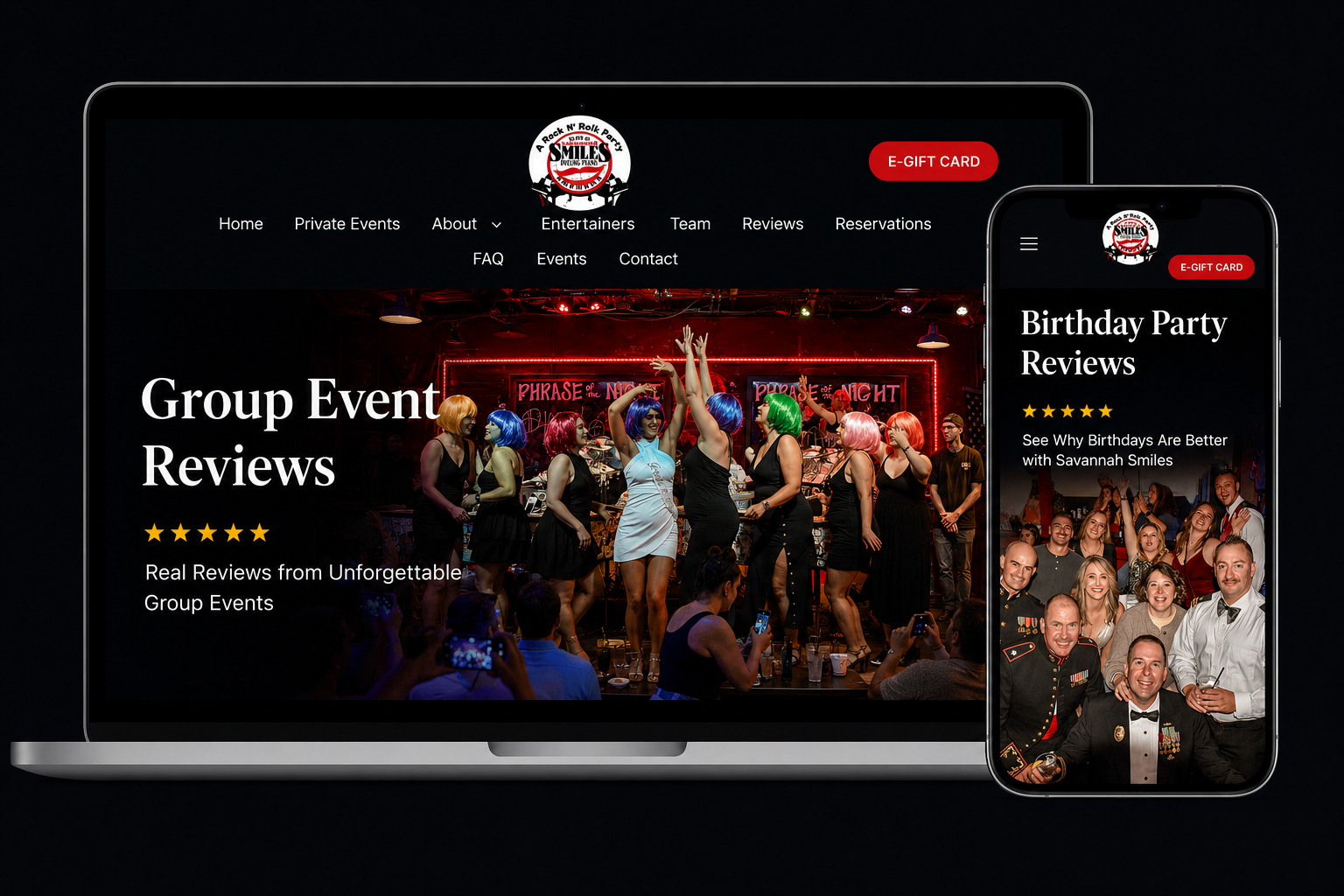Savannah Smiles — reviews page on desktop and mobile