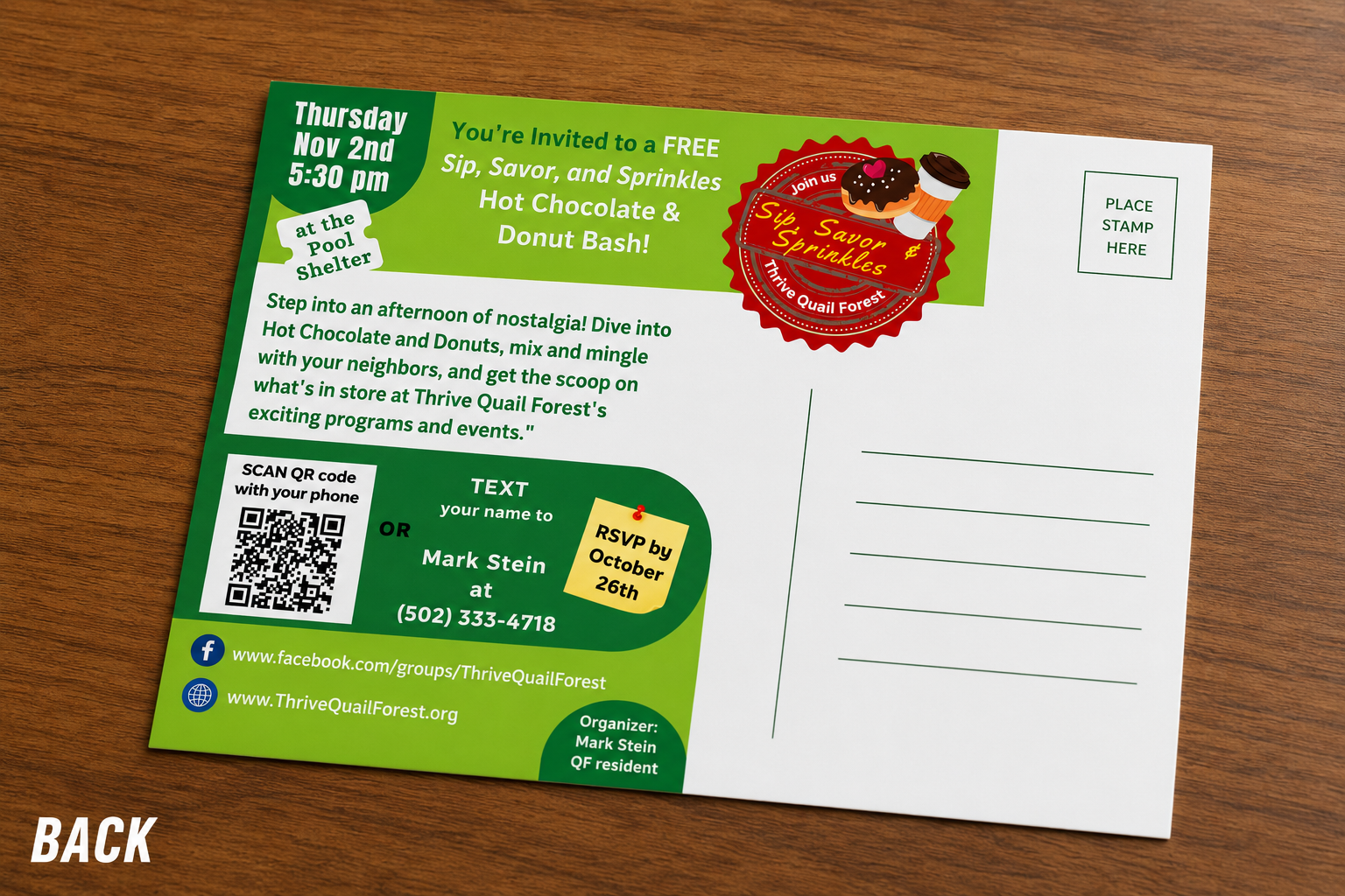 Thrive Quail Forest — event postcard, back